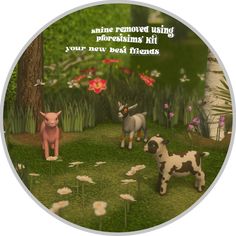 two animals are standing in the grass near trees and flowers with a quote on it