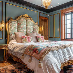 an ornate bed in a bedroom with blue walls and gold trim around the headboard