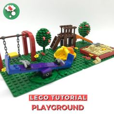 the lego playground is made out of legos and has swings, slides, and playsets