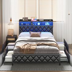 a bedroom with a bed, night stand and nightstands in it's center