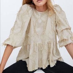 Brand New & Unworn Zara Blouse Fringe Detail Keyhole Back Fringe Blouse, Knot Front Top, Zara Blouse, Striped Crop Top, Round Neck Tops, Puff Sleeve Top, Pleated Mini Skirt, Fabric Trim, Striped Linen