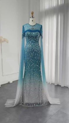 Elegant Light Blue Mermaid Hem Dress, Green Mermaid Wedding Gown, Blue Mermaid Gown For Banquet, Elegant Blue Mermaid Gown, Blue Mermaid Dress For Banquet, Blue Floor-length Mermaid Wedding Dress, Blue Floor-length Mermaid Dress For Wedding, Light Blue Evening Dress With Sweep Train For Banquet, Light Blue Floor-length Gown For Banquet