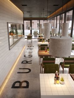 an empty restaurant with green chairs and white tile flooring, along with large windows