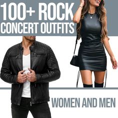 a man and woman standing next to each other in front of a white background with the words, 100 + rock concert outfits for women and men