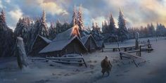 a painting of a man walking in the snow towards a cabin on a snowy day