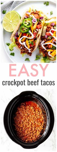 easy crockpot beef tacos recipe on a plate with limes and cilantro