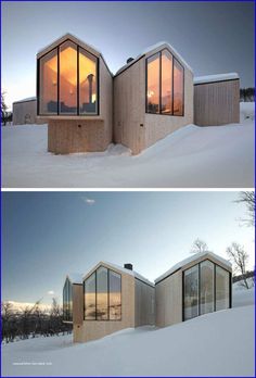 two pictures of the same house in winter