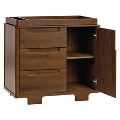 a wooden cabinet with two drawers and one door open