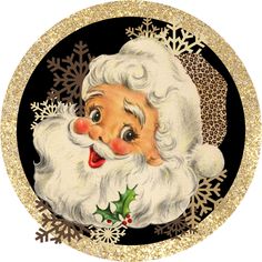 an old fashioned christmas card with a santa clause on it's face and leopard print background