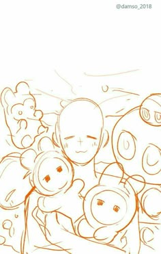 an orange line drawing of some people and teddy bears in front of a white background