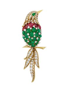 VAN CLEEF & ARPELS EMERALD, RUBY AND DIAMOND BIRD CLIP-BROOCH Beige Vans, Cartier, Round Diamonds, Brooches, Gemstone Jewelry