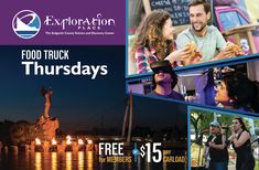 an advertisement for food truck tours with images of people eating and talking to each other