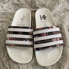 Brand New, Never Worn Adidas Slides Women, Adidas Slides With Cushioned Footbed For Spring, Adidas Slip-on Slides For Spring, Adidas Slides For Spring, Adidas Casual Slides For Spring, White Comfortable Adidas Slides, White Non-slip Adidas Slides, Comfortable White Adidas Sandals, Adidas White Sandals For Spring