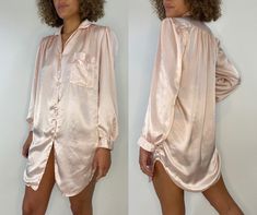 "Vintage baby pink night dress / blouse.  Tag: Intimate Desire California M Measurements Bust: 44\" Waist: 44\" Hip: 44\" Shoulder: 16\" Sleeve: 22\" Length: 35\" In fair vintage condition. Moderate wear throughout. See all photos for a visual. Item is priced accordingly and sold AS IS." Pink Sleepwear With Button Closure, Pink Button-up Sleepwear For Pajama Party, Summer Long Sleeve Chemise For Bedtime, Long Sleeve Buttoned Nightgown For Bedtime, Long Sleeve Buttoned Nightgown, Pink Long Sleeve Sleepwear For Night, Long Sleeve Nightgown With Buttons, Pink Long Sleeve Nightgown For Nighttime, Spring Long Sleeve Chemise For Bedtime