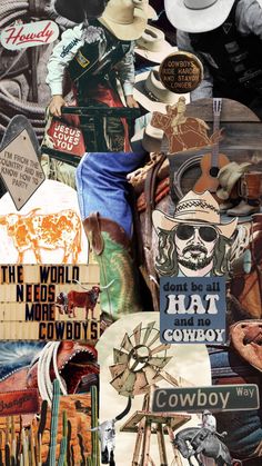 a collage of cowboy hats and other items