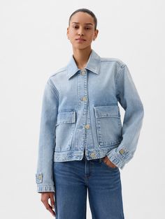 Soft cotton denim utility shirt jacket.  Point collar.  Long sleeves with button cuffs.  Button front.  Over Utility Jacket Outfit, Denim Utility Jacket, Jacket Outfit Women, Utility Shirt, Summer Denim, Classic Wardrobe, Gap Denim, Denim Jacket Women, Material Girls