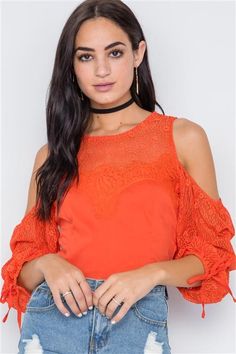 Orange Mango Cold Shoulder Puff Sleeve Blouse Pool Party Wear, Shoulder Puff Sleeve, Red Orange Color, Cold Shoulder Blouse, Puff Sleeve Blouse, Color Contrast, Hook Eye, Small Waist, Puff Sleeves