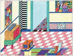 a drawing of a living room filled with furniture and colorful wallpaper on the walls