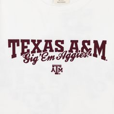 Show your Aggie pride with this Texas A&M Aggie Values T-Shirt. The white t-shirt features the iconic phrase "Texas A&M Gig 'Em Aggies" in bold maroon letters, along with maroon graphics in the shape of Texas representing everything Aggies stand for. Wear it with passion and show your love for your school! - Brand: Comfort Wash - 100% Cotton - Machine Wash Cold/Tumble Dry Low Aggie Pride, Gig Em Aggies, Texas Aggies, Texas A&m, White T Shirt, The White, Texas, T Shirt, White