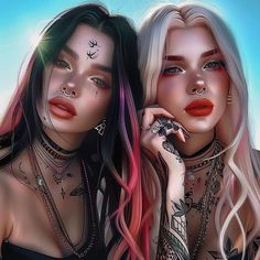 two beautiful young women with piercings on their faces and body are posing for the camera