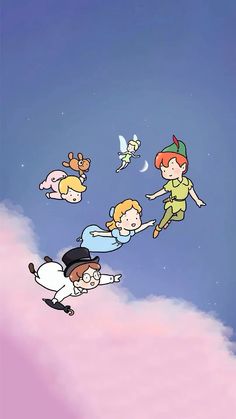 some cartoon characters are flying in the sky with one person holding onto another character's hand