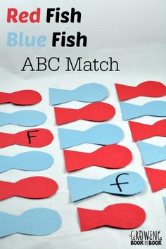 red, white and blue fish are cut out to spell abc match with the letter f