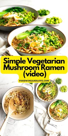 an advertisement for a vegetarian mushroom ramen video with broccoli and noodles in bowls