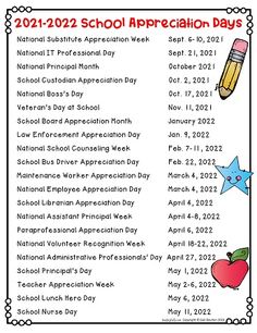 the calendar for school appreciation days