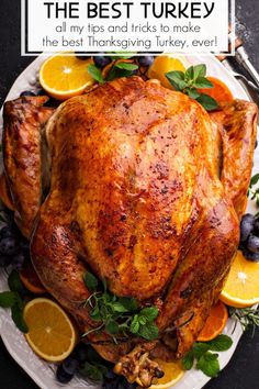 a turkey on a plate with oranges and blueberries