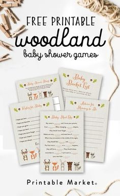 printable woodland baby shower games with text that reads free printable woodland baby shower games