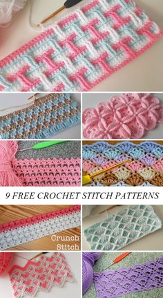 crochet stitch patterns are shown in different colors