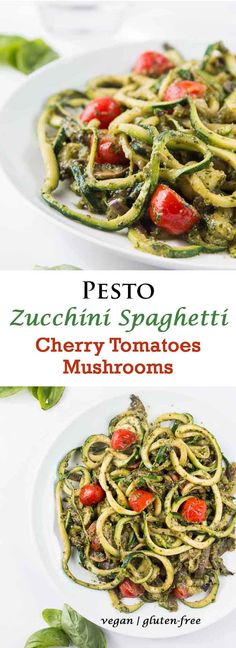 pesto zucchini spaghetti with cherry tomatoes and mushrooms is an easy dinner recipe