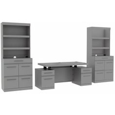 an office desk and cabinets are shown