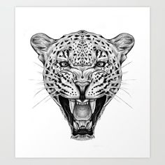 a black and white drawing of a leopard's face