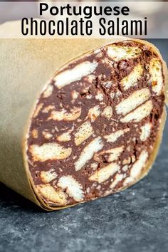 a chocolate salami wrap is cut in half and stacked on top of each other