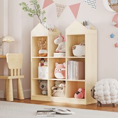 a child's room with pink walls and wooden shelves filled with toys, books, and stuffed animals