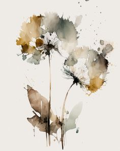 watercolor painting of three dandelions with leaves on the bottom and one flower in the middle