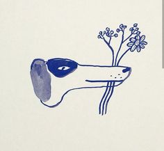 a blue and white drawing of a dog's head with flowers in its mouth