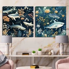 two paintings of sharks and flowers on a wall in a living room with pink chairs