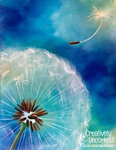 a painting of a dandelion blowing in the wind with blue sky and clouds