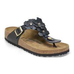 Gizeh Flower Leather Black | BIRKENSTOCK Spring T-strap Footbed Sandals With Leather Footbed, Spring Leather T-strap Sandals With Footbed, Leather T-strap Sandals With Cork-bed Midsoles For Spring, White Birkenstocks, Birkenstock Styles, Black Birkenstock, Birkenstock Women, Leather Thong Sandals, Suede Fashion