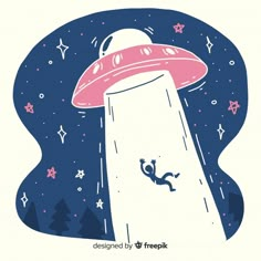 an illustration of a man falling from a flying saucer in the sky with stars around him