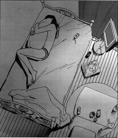 a black and white drawing of a person laying in bed