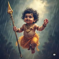 a painting of a baby in the rain holding a spear