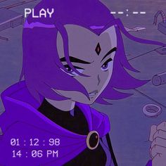 an animated character with purple hair and blue eyes