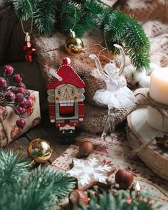 an assortment of christmas decorations on a table