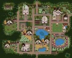 a map of a small town with lots of houses and gardens on it's sides