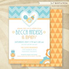 Custom Robot Baby Shower - PRINTABLE Invitation - HWTM Baby Shower Cakes Neutral, Rain Baby, Baby Shower Dessert Table, Coed Baby Shower, Baby Shower Woodland Theme, Baby Shower Desserts, Printables Free Kids, Elephant Baby Showers, Party Kits