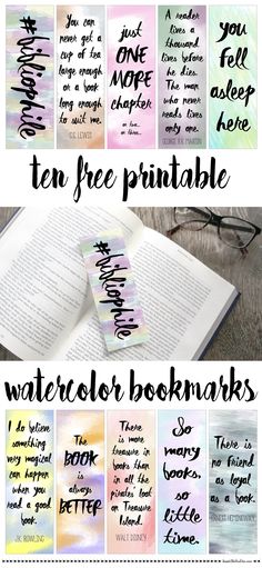 an open book with the words ten free printable watercolor booksmarks