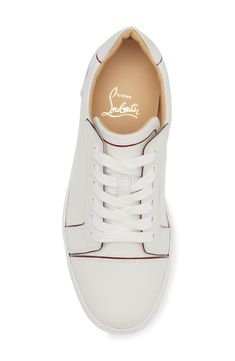 A signature logo details the heel counter and Louboutin red-inset at the sole of this leather sneaker trimmed with contrast piping. Lace-up style removable insole Wipe with a soft, dry cloth and store in a dust bag Leather upper and lining/synthetic sole Made in Italy Designer Shoes Classic High-top Sneakers With Branded Heel Counter, Classic Low-top Sneakers With Red Sole, Luxury Lace-up High-top Sneakers With Contrast Sole, Red Sole Leather High-top Lace-up Sneakers, Luxury High-top Sneakers With Contrasting Heel Counter, Classic Leather High-top Sneakers With Red Sole, Modern Leather High-top Sneakers With Red Sole, Classic Lace-up Sneakers With Red Sole, Classic Lace-up Custom Sneakers With Red Sole